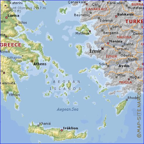 Physique carte de Grece en anglais